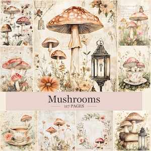 May include: A collage of watercolor illustrations featuring various mushrooms in shades of brown, red, and white, set against a vintage-style background. The word "Mushrooms" is displayed with the text "117 PAGES". The images include floral elements and a lantern.