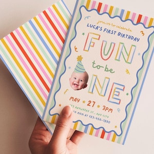Fun To Be One Photo 1st Birthday Invitation Boy Retro Colorful Canva Template 106