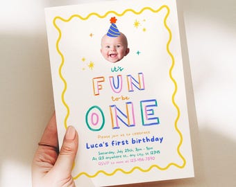 Minimal First Birthday Invitation Boy | It's Fun to Be One Photo Editable Canva Template
