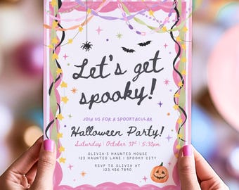 May include: A rectangular Halloween party invitation card with a white background, pink striped borders, and colorful streamers. The text reads Let's get spooky! Join us for a spooktacular Halloween Party! Saturday October 31st 5:30pm.