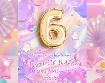 Invito per la festa del 6° compleanno di una ragazza con le bolle, invito di compleanno, download digitale, modello modificabile Canva