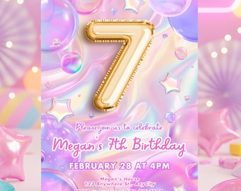 Invito per la festa del settimo compleanno di una ragazza con le bolle, invito di compleanno, download digitale, modello modificabile Canva