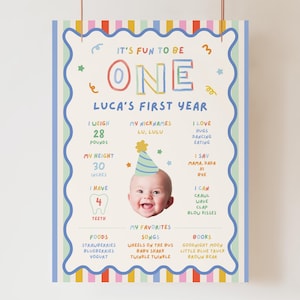 Fun To Be One 1st Birthday Poster Boy Milestone Board Canva Template 106