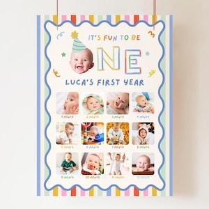 May include: A rectangular poster titled IT'S FUN TO BE ONE LUCA'S FIRST YEAR featuring a scalloped blue border and colourful stripes. It displays twelve square photographs of a baby, each labelled with a month from 1 to 12, and a central graphic of a baby wearing a party hat.