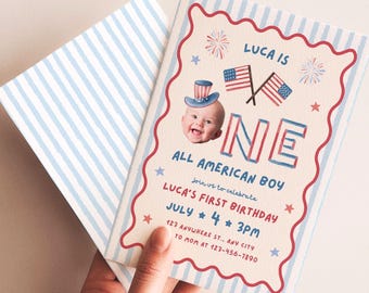 Invito per il primo compleanno di un bambino americano per il 4 luglio (modello Canva)