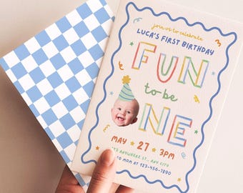 Invito per il primo compleanno di un bambino con foto in stile retrò - Modello Canva