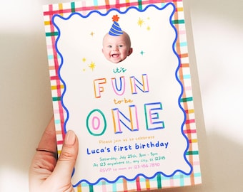 Invito per il primo compleanno di un bambino con foto, colorato, in stile Canva