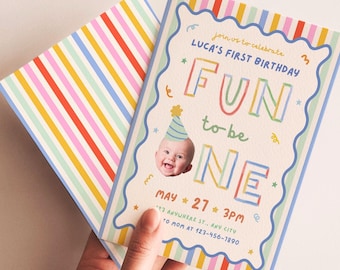 Fun To Be One Photo 1st Birthday Invitation Boy Retro Colorful Canva Template 106