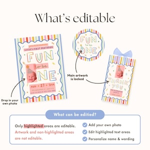 Pu&ograve; includere: Un set di inviti di compleanno digitali composto da un invito rettangolare, un adesivo circolare e un cartellino di ringraziamento rettangolare. Tutti gli elementi presentano un bordo a righe colorate e il testo FUN to be ONE.