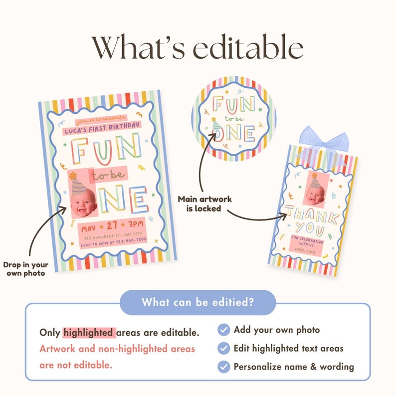 Pu&ograve; includere: Un set di inviti di compleanno digitali composto da un invito rettangolare, un adesivo circolare e un cartellino di ringraziamento rettangolare. Tutti gli elementi presentano un bordo a righe colorate e il testo FUN to be ONE.