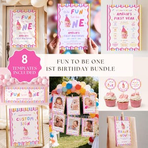 Può includere: Un set di otto modelli per feste di compleanno con un bordo a righe colorate, coriandoli e il testo "It's FUN to be ONE". Il pacchetto include un cartello di benvenuto, un invito, una tavola dei traguardi, uno striscione, decorazioni per cupcake e un'etichetta di ringraziamento.