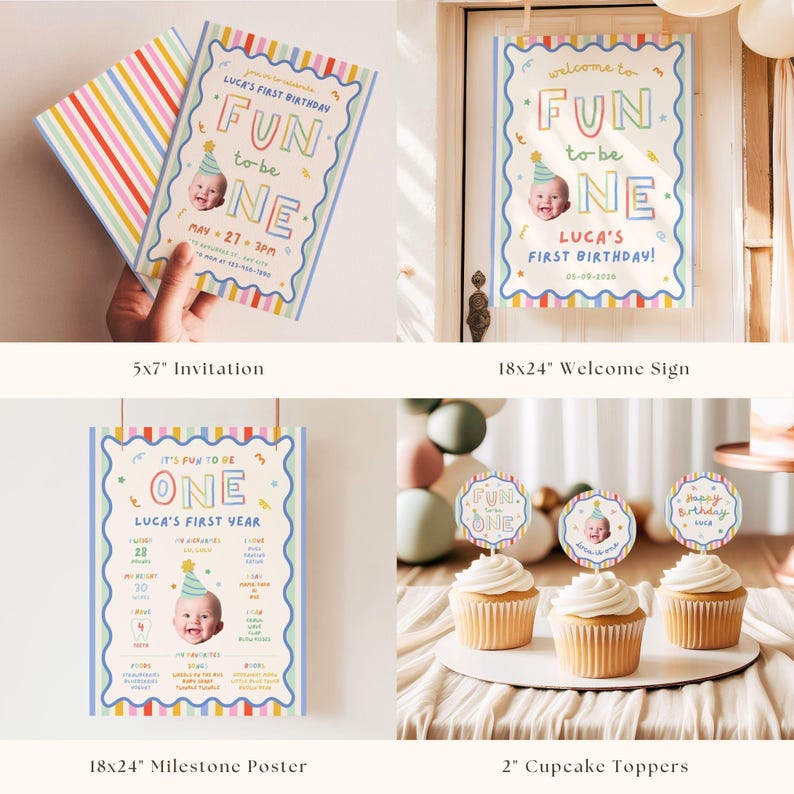 Pu&ograve; includere: Un set di cancelleria per il primo compleanno che include un invito di 12,7x17,8 cm, un cartello di benvenuto di 45,7x61 cm, un poster dei traguardi di 45,7x61 cm e decorazioni per cupcake di 5,1 cm con bordi a righe colorate.