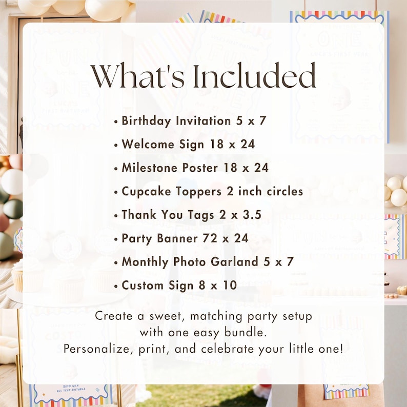 Pu&ograve; includere: Un cartello bianco con testo marrone scuro che elenca articoli per feste: Invito 5 x 7, Cartello di benvenuto 18 x 24, Poster traguardi 18 x 24, Decorazioni cupcake 2 pollici, Etichette ringraziamento 2 x 3.5, Striscione 72 x 24, Ghirlanda foto 5 x 7, Cartello 8 x 10.