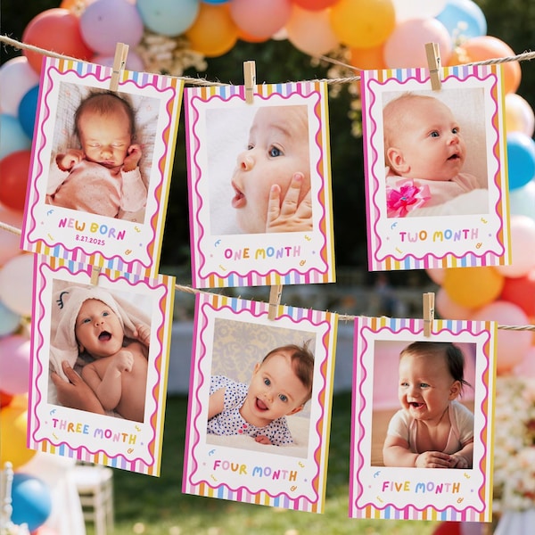 Baby First Year Photo Banner Girl Canva Template, Monthly Milestone Cards Newborn to 12 Months Fun To Be One 207