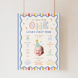 Pu&ograve; includere: Un poster rettangolare per tappe fondamentali intitolato It's Fun To Be One Luca's First Year. Il design presenta un bordo a righe colorate, una cornice blu ondulata e una foto centrale di un bambino con un cappellino da festa e statistiche.