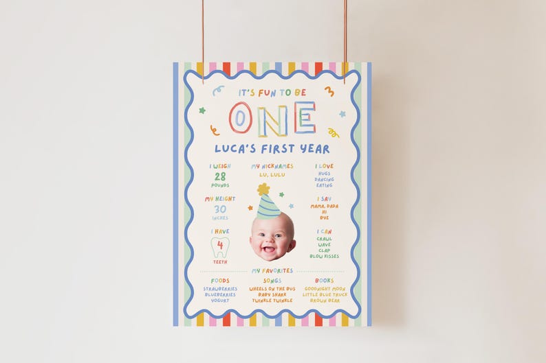 Pu&ograve; includere: Un poster rettangolare per tappe fondamentali intitolato It's Fun To Be One Luca's First Year. Il design presenta un bordo a righe colorate, una cornice blu ondulata e una foto centrale di un bambino con un cappellino da festa e statistiche.