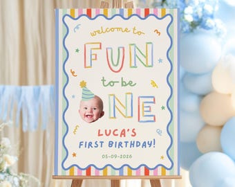 Fun To Be One Photo 1st Birthday Welcome Sign Boy Retro Colorful Canva Template 106