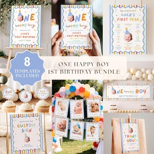 Può includere: Un set di modelli digitali per feste di compleanno con bordo a righe colorate, grafiche di coriandoli e un bambino con un cappellino da festa blu. Il testo include One Happy Boy, Luca's First Birthday e vari dettagli sui traguardi.