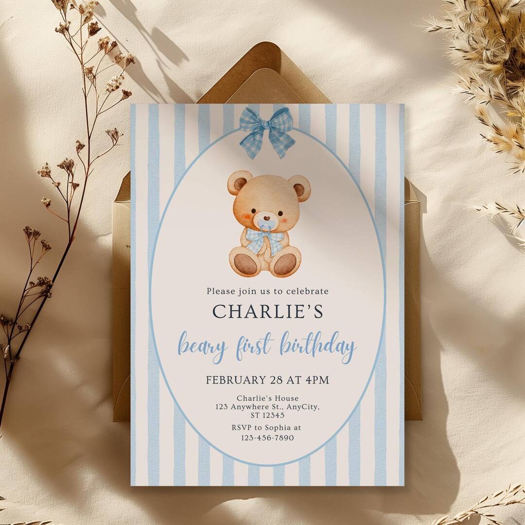 Teddy Bear First Birthday Invitation | Blue Ribbon Boy Party Canva ...