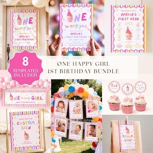 Può includere: Un set digitale di 8 modelli per il primo compleanno con bordo a righe colorate, scritte pastello e un bambino con cappellino da festa. Il set include inviti, poster dei traguardi, decorazioni per cupcake, uno striscione ed etichette.