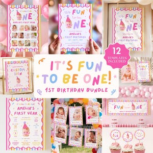 Può includere: Un set digitale di 12 modelli per feste di compleanno a tema It's Fun To Be One. Il set include collage di foto, poster dei traguardi, striscioni e decorazioni per cupcake nei colori pastello rosa, blu, giallo e viola per il primo compleanno.