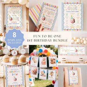 Puede incluir: Un paquete digital de 8 plantillas para fiestas de cumpleaños con temática Fun to be One, con bordes de rayas coloridas, letras en tonos pastel y espacio para fotos de niños, incluyendo invitaciones, carteles, pancartas y etiquetas.