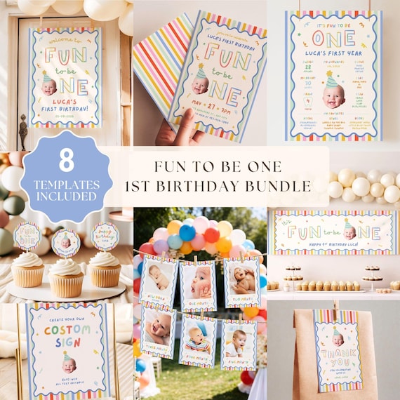 Fun To Be One Bundle Boy 1st Birthday Canva Template, Invitation Welcome Sign Banner Party Decor 106