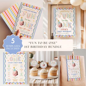Pacchetto "Divertimento per il primo compleanno di un bambino" - Modello Canva, Invito, Cartello di benvenuto, Decorazioni per cupcake, Etichette di ringraziamento 106
