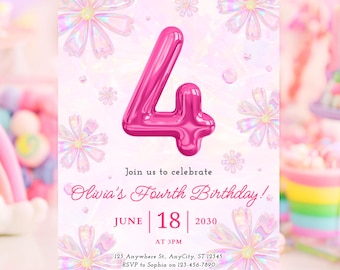 Invito olografico per il 4° compleanno, invito per festa con palloncini rosa, tema bolle di sapone (download digitale)