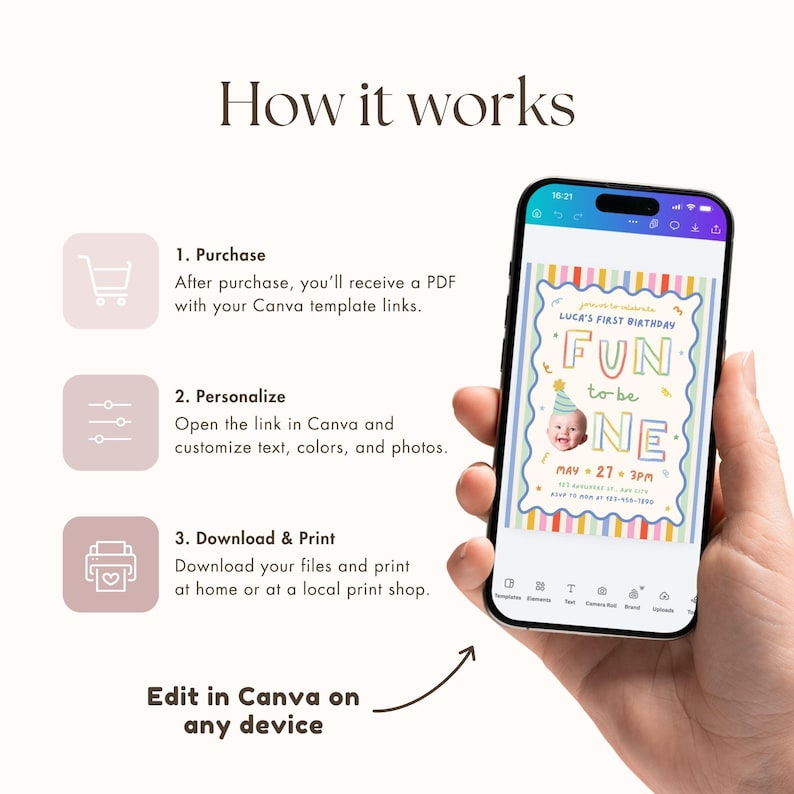 Pu&ograve; includere: Uno smartphone che mostra un'interfaccia Canva con un colorato modello di invito di compleanno con un bambino, bordi a righe e il testo 'FUN to be ONE'. A sinistra sono elencati tre passaggi: Purchase, Personalize, Download & Print.