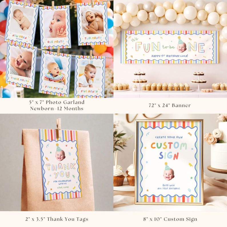 Pu&ograve; includere: Un set di decorazioni per compleanni che include una ghirlanda fotografica di 12,7 cm x 17,8 cm, uno striscione di 182,9 cm x 61 cm con il testo "It's FUN to be ONE", etichette di 5,1 cm x 8,9 cm e un cartello di 20,3 cm x 25,4 cm.