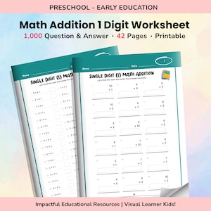 1,000+ Math Addition Drill : 1 Digit Equation Printable Worksheet Speed Counting, Early Kids Learning, Instant Download (Digital Download)