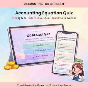 May include: An illustration for an accounting quiz. A tablet and smartphone display quiz questions. The tablet shows "100 DEA=LER QUIZ" and the phone shows a cash refund scenario. Gold coins are in the foreground. Text reads "Accounting Equation Quiz".