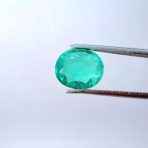 May include: A vibrant, oval-cut emerald gemstone held by tweezers. The gem displays a rich, saturated green color and a faceted surface that catches the light. The background is a clean, bright white, emphasizing the gemstone's clarity and brilliance.