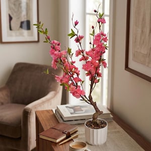 Árbol bonsái artificial de flor de durazno de 80 cm, flor artificial rosa en maceta, decoración de mesa para el hogar, la oficina y bodas.