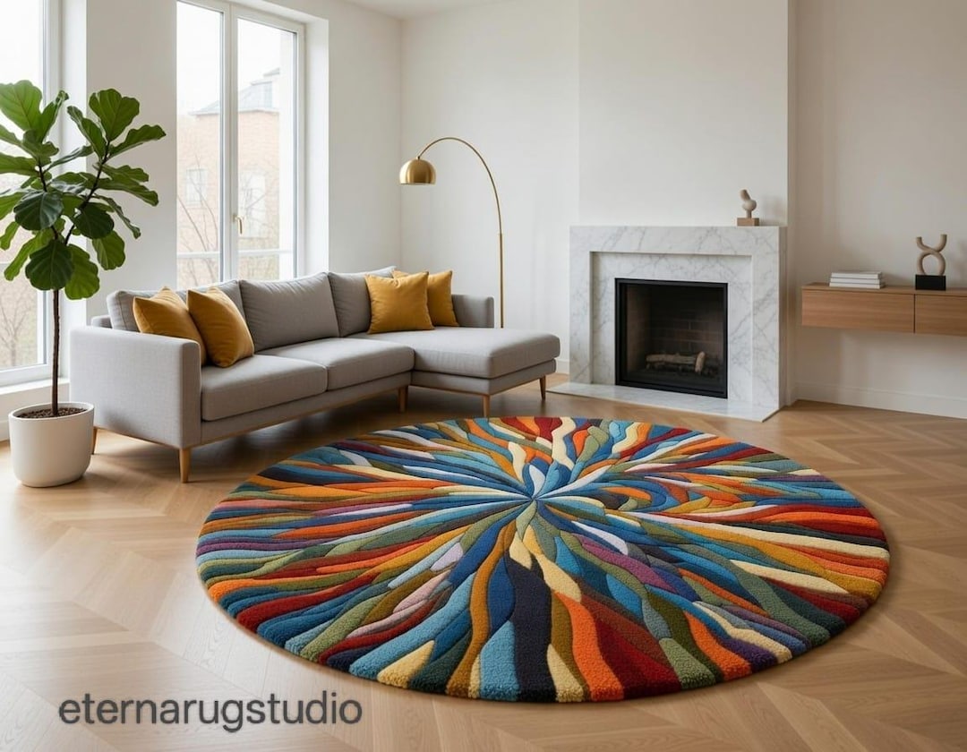Handmade Circular Rug Handmade ROUND Rug: Colorful Abstract Spiral, Modern Boho Decor ...