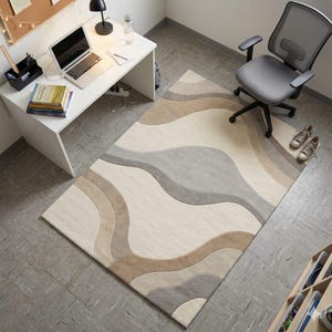 Alfombra moderna abstracta ondulada, alfombra de lana neutra hecha a mano, decoración minimalista escandinava para sala de estar, alfombra estética beige crema gris.