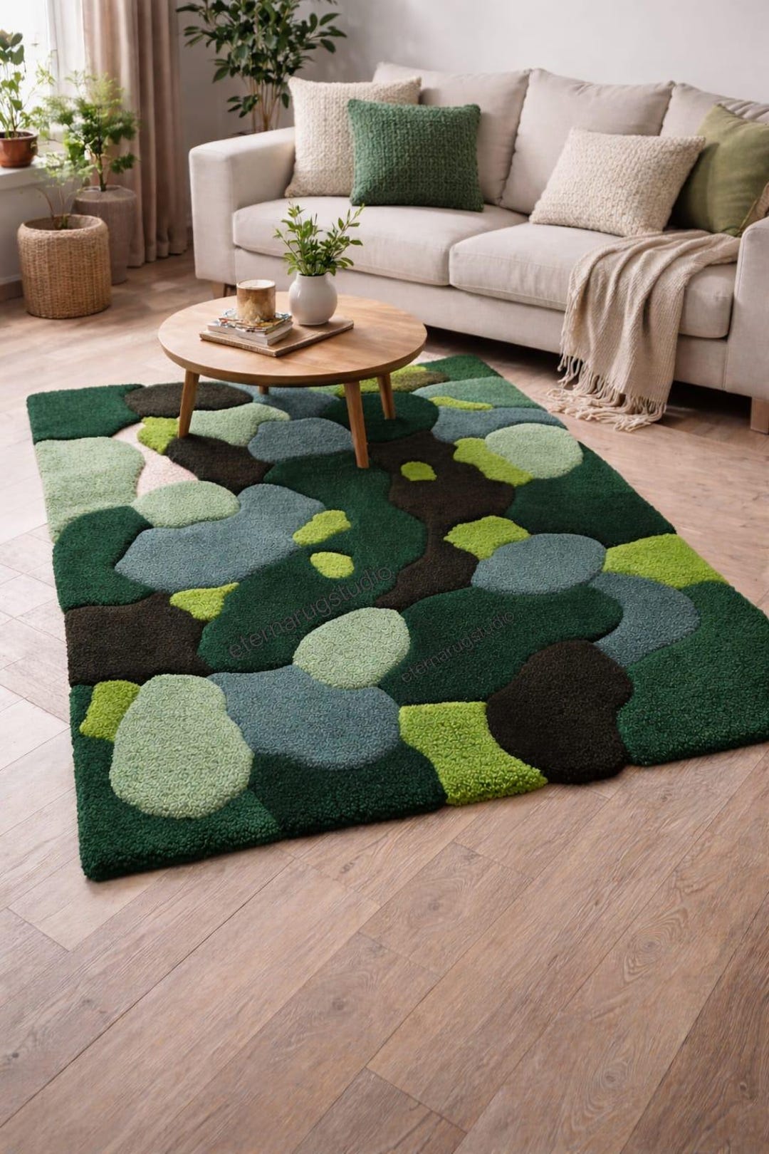 Tufted Moss Rug, Green Abstract Pebble Design, Nature Inspired Carpet ...