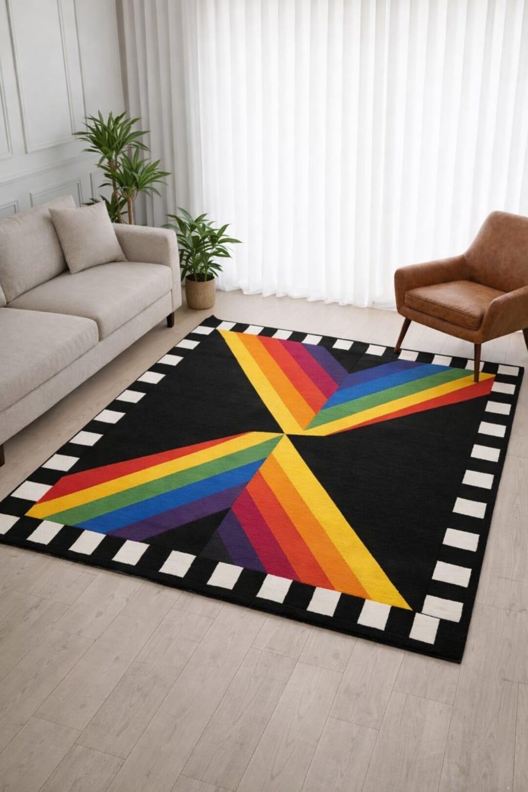 Wool Rainbow Rug Hand-tufted Rainbow Wool Rug, Retro Geometric Black Area Carpet - Etsy