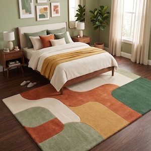 Alfombra moderna de mediados de siglo, alfombra abstracta, terracota verde salvia, bloques de color ondulados, decoración contemporánea para sala de estar, alfombra bohemia estética