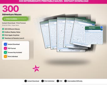300 laberintos de lógica imprimibles / Laberintos de aventuras imprimibles / Libro de laberintos de nivel intermedio / Juegos mentales / Material imprimible para la educación en casa / Descarga instantánea