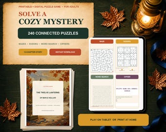 Libro de rompecabezas imprimible / 240 laberintos, sudokus, sopas de letras y cifrados / Juego de misterio digital