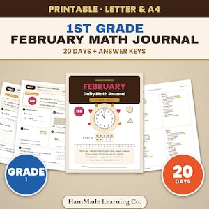 Può includere: Un set stampabile di diario di matematica per la prima elementare per febbraio con 20 giorni di esercizi e chiavi di risposta. Le pagine includono problemi, orologi, forme e linee numeriche con il testo February Daily Math Journal.
