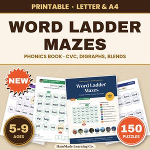 Word Ladder Mazes Phonics Book, 150 Puzzles Ages 5-9 (Digital Download)