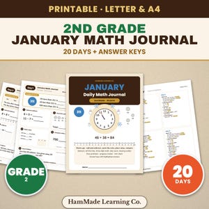 May include: A 2nd Grade January Math Journal printable set featuring 20 days of daily practice pages and answer keys. The cover displays a clock, math equations, and the text January Daily Math Journal. Includes pages for addition, subtraction, and place value.
