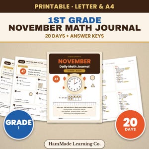 1st Grade November Math Journal, Daily Spiral Review Morning Work, Undated, 20 Days, Answer Keys, Homeschool Classroom Printable, Letter A4