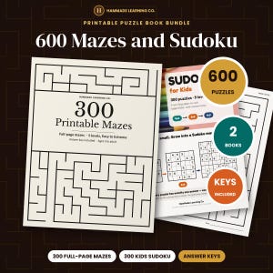 Labyrinthes et Sudokus pour enfants, 600 puzzles à imprimer, 300 labyrinthes pleine page et 300 Sudokus pour enfants (4x4, 6x6 et 9x9), corrigés, PDF pour l'instruction à domicile