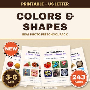Op de afbeelding: Een printbaar voorschools leerpakket in US letter-formaat genaamd Colors & Shapes Real Photo Preschool Pack. De educatieve set bevat 243 pagina's met posters, flashcards en driedelige kaarten met echte foto's van objecten voor kinderen van 3-6 jaar.