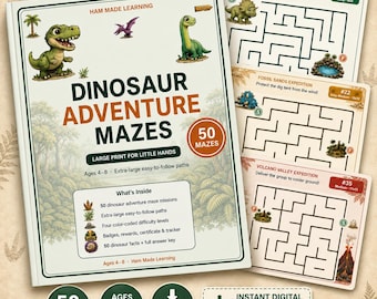 Laberintos de dinosaurios imprimibles para niños / 50 actividades de laberintos con letra grande para edades de 4 a 8 años / PDF imprimible / Hojas de trabajo para educación en casa / Descarga instantánea