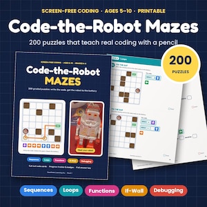 Code the Robot Mazes Printable Screen Free Coding Book for Kids 5-10, 200 Unplugged Coding Puzzles, STEM Worksheets, Homeschool K-5